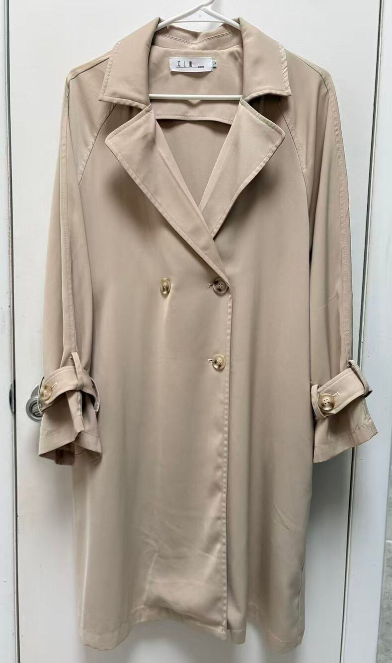 Women Beige Trench Coat Long Duster Jacket Double Breasted Lapel Casual Size L